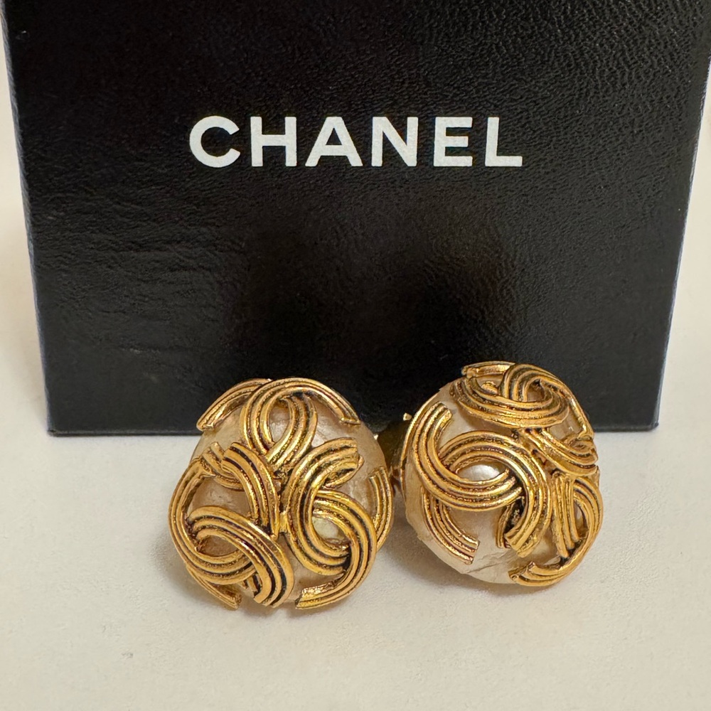 CHANEL Triple CC Logos Gold & Pearl Clip-On Earrings